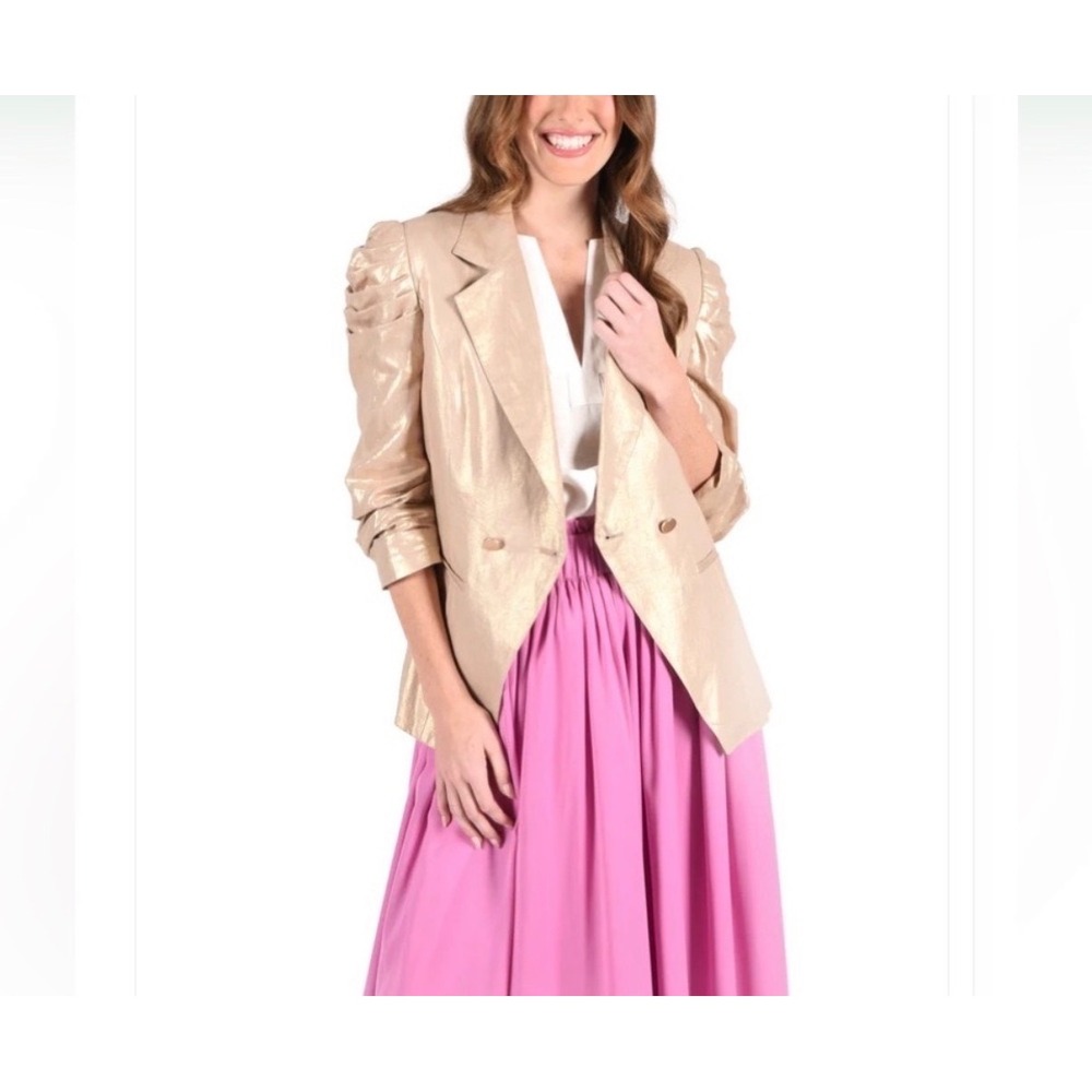 Emily McCarthy Bradshaw Blazer Womens Large Gold Metallic Puffy Sleeve Chic